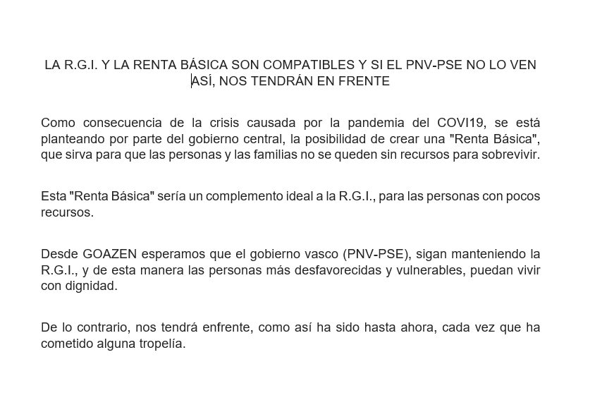 LA R.G.I. Y LA RENTA BÁSICA SON COMPATIBLES Y SI EL PNV-PSE NO LO VEN ASÍ,  NOS TENDRÁN EN FRENTE