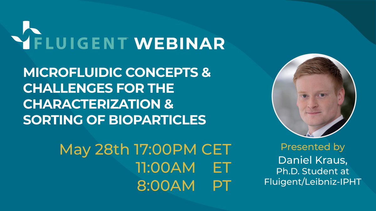Fluigent's tweet photo. Our 4th #webinar will discuss #microfluidic concepts and challenges for the characterization and sorting of #bioparticles. It will be aired by Daniel Kraus, Ph.D. Student at Leibniz IPhT, on May the 28th at 5PM CET (11AM ET/8AM PT). Subscribe here: https://t.co/AFZp6STZjZ https://t.co/IVOwTTx9RF