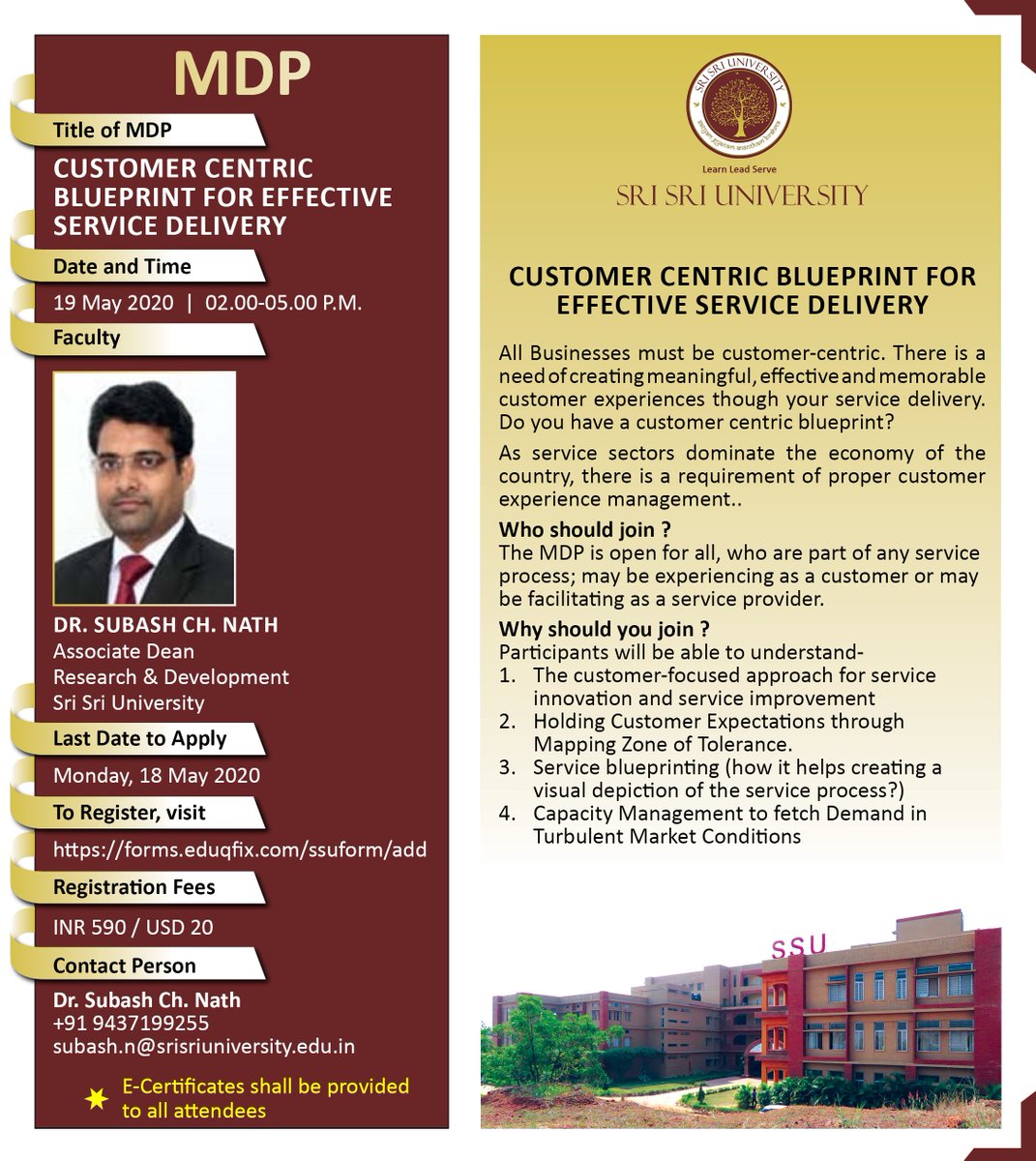 SriSriU's tweet photo. Join us for the Management Development Programme (#MDP) ‘ How to Design Customer Centric Blue Print for Effective Service Delivery’ featuring Dr Subash Chandra Nath on May 19, 2020, at 2PM.

Register Here: https://t.co/tZArNdEhGs

#ExpertTalks https://t.co/ikTT3JpilV