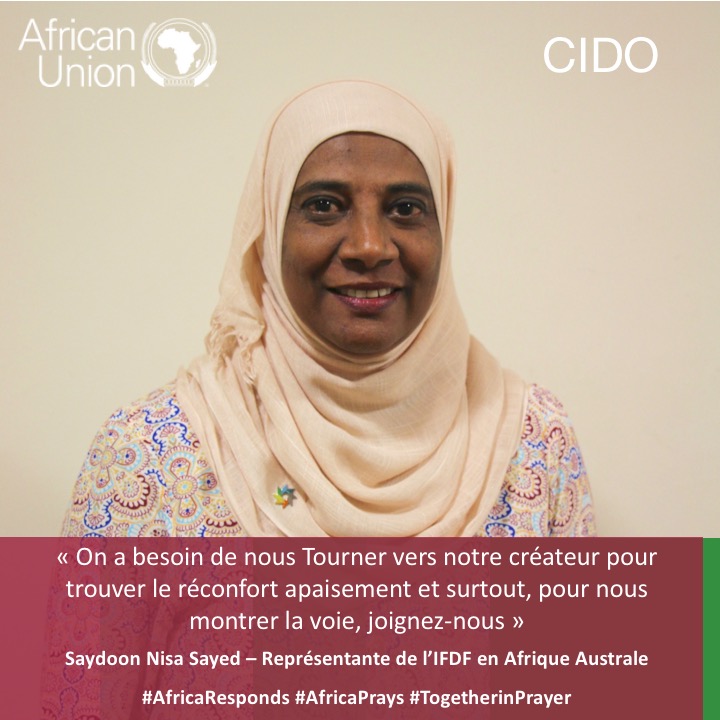 SaydoonSayed's tweet image. AFRICAN UNION - INTERFAITH DIALOGUE FORUM AU-IFDF
@_AfricanUnion  
@AUC_CIDO 
AFRICA PRAYER DAY
FRIDAY 22 MAY 2020
PRAYER AND ACTION IN RESPONSE TO COVID-19
#AfricaResponds
#AfricaPrays
#TogetherInPrayer

Postcards in the Arabic, French and English Languages