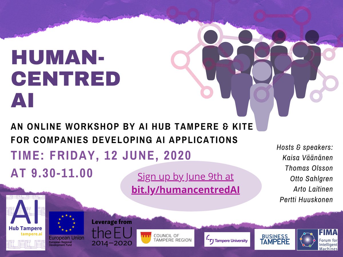 AI Hub Tampere &amp; KITE's upcoming webinar on Human-centric AI is held on Zoom on June 12th. Sign up at bit.ly/humancentredAI before June 9th.