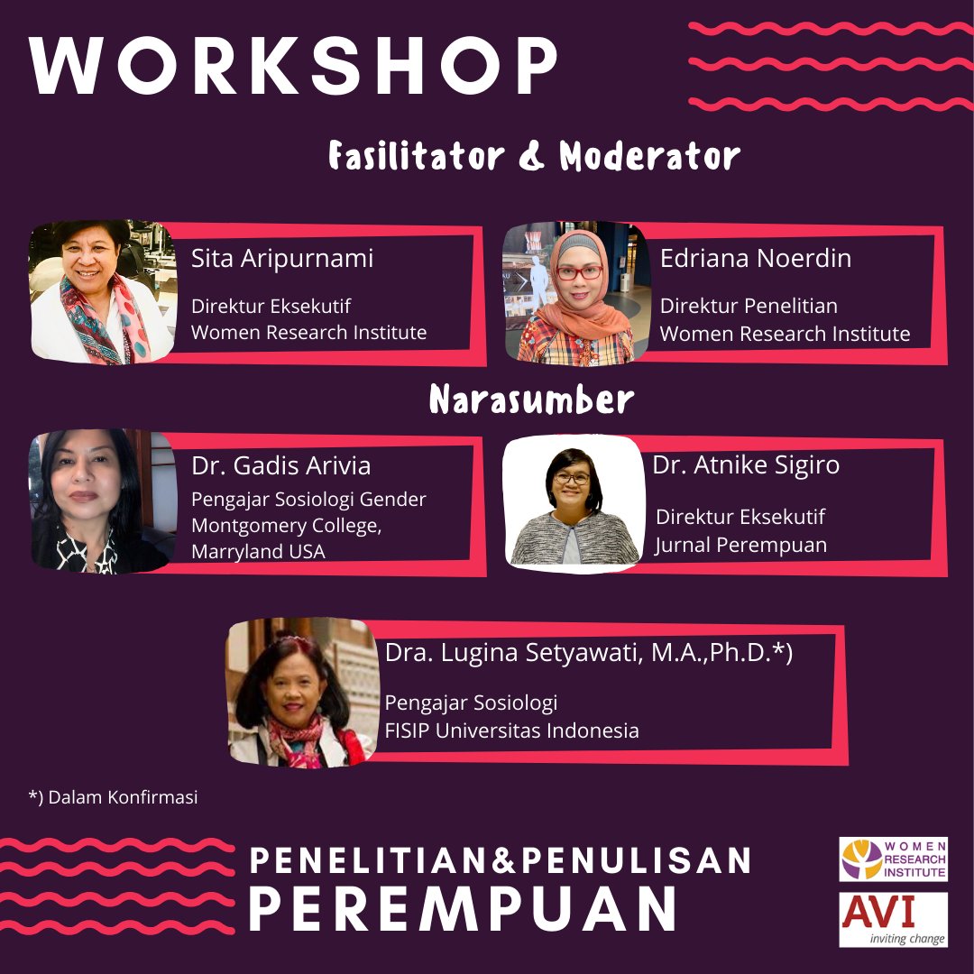 Berikut adalah pembicara moderator, fasilitator, dan narasumber yang akan berbicara pada Workhsop Penelitian dan Penulisan Perempuan.

#workshopmenuliswri
#workshoppenelitianwri