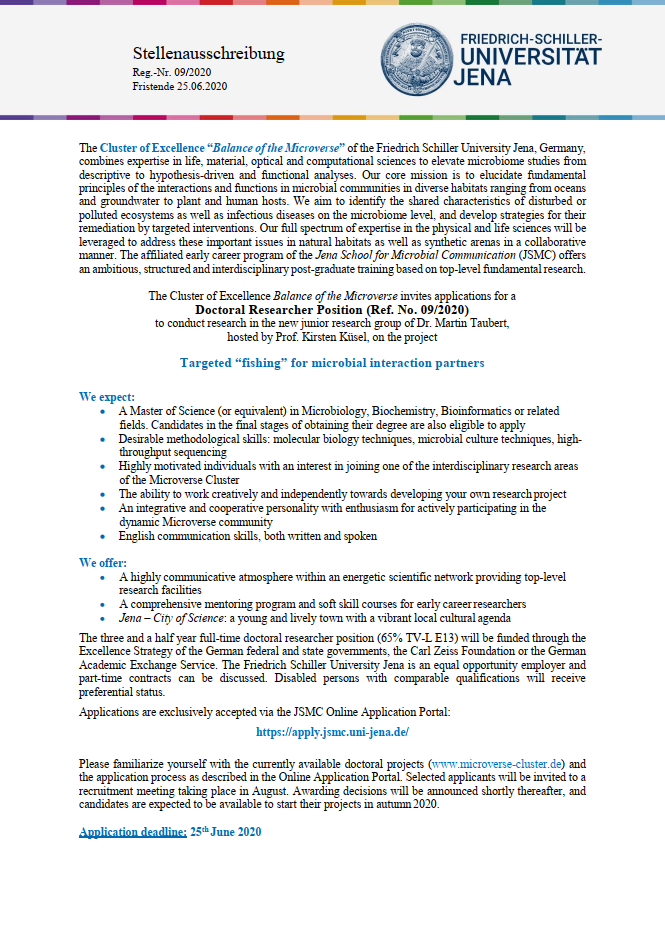 taubert_martin's tweet photo. I'm looking for a #PhD candidate in #microbiology to work on isolation of #cocultures of #CPR with their host using #SIP and #cellsorting @microverse_exc.
Apply here: https://t.co/2hitARRx0e
Ref. 09/2020

Please retweet! https://t.co/C4J8eyC1Nr