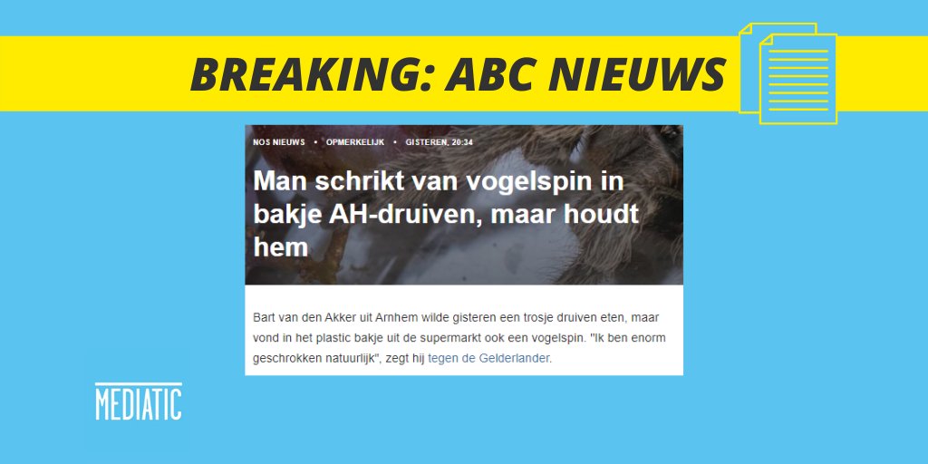 #ABCNieuws: Kat in de zak of welkome bonusdeal? Geschrokken Arnhemse man vindt een levende #vogelspin in zijn bakje druiven en besluit hem te houden. nos.nl/artikel/233421… #AllesBehalveCorona #AlbertHeijn