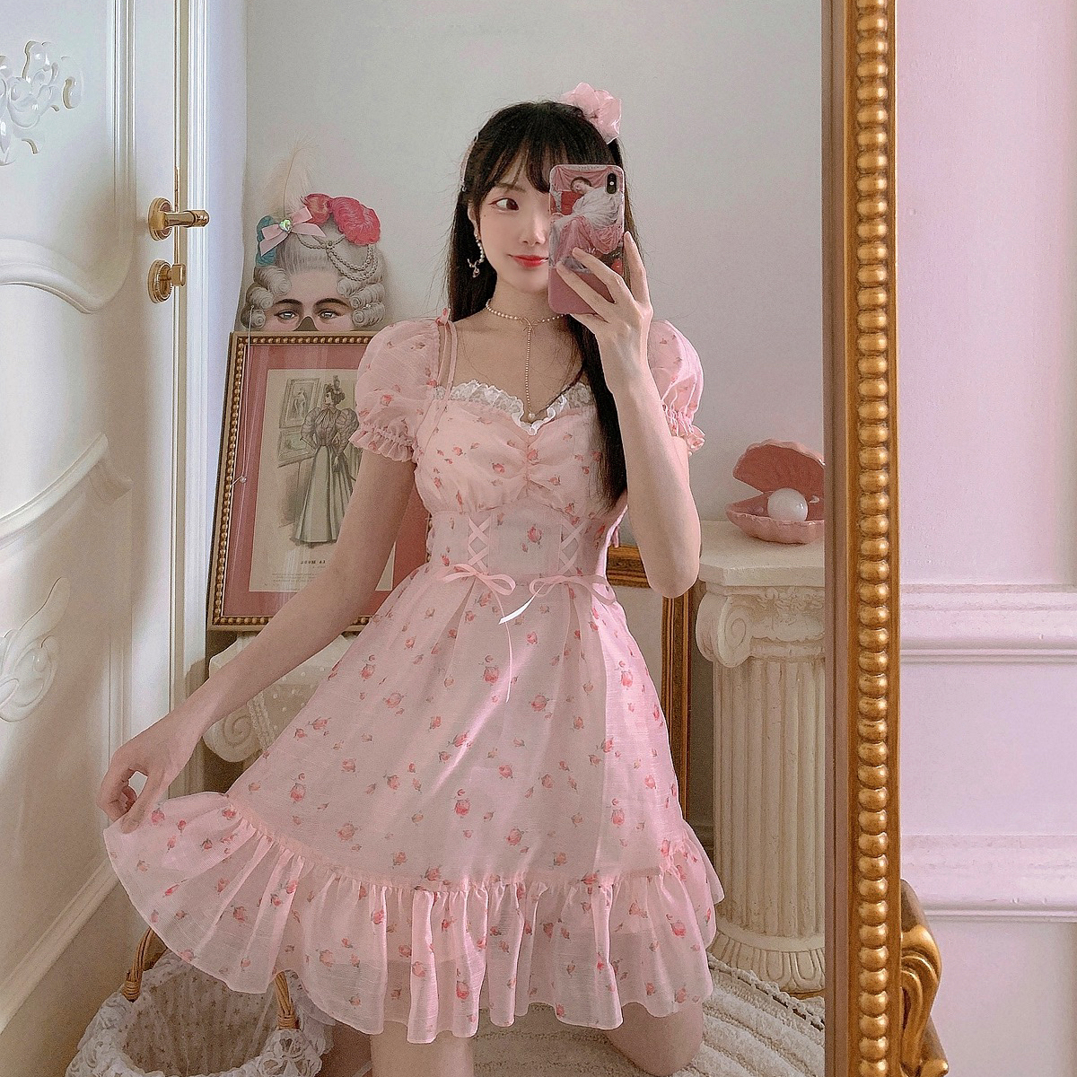 Bobon21 ボボンニジュウイチ 大好評 新作予約販売中 スペシャル特典5 22まで 5月新作５ Off ポイント２倍 全品送料無料 カラー 白 ピンク パープルブルー サイズ S M L 小花柄レースアップ甘ガーリー