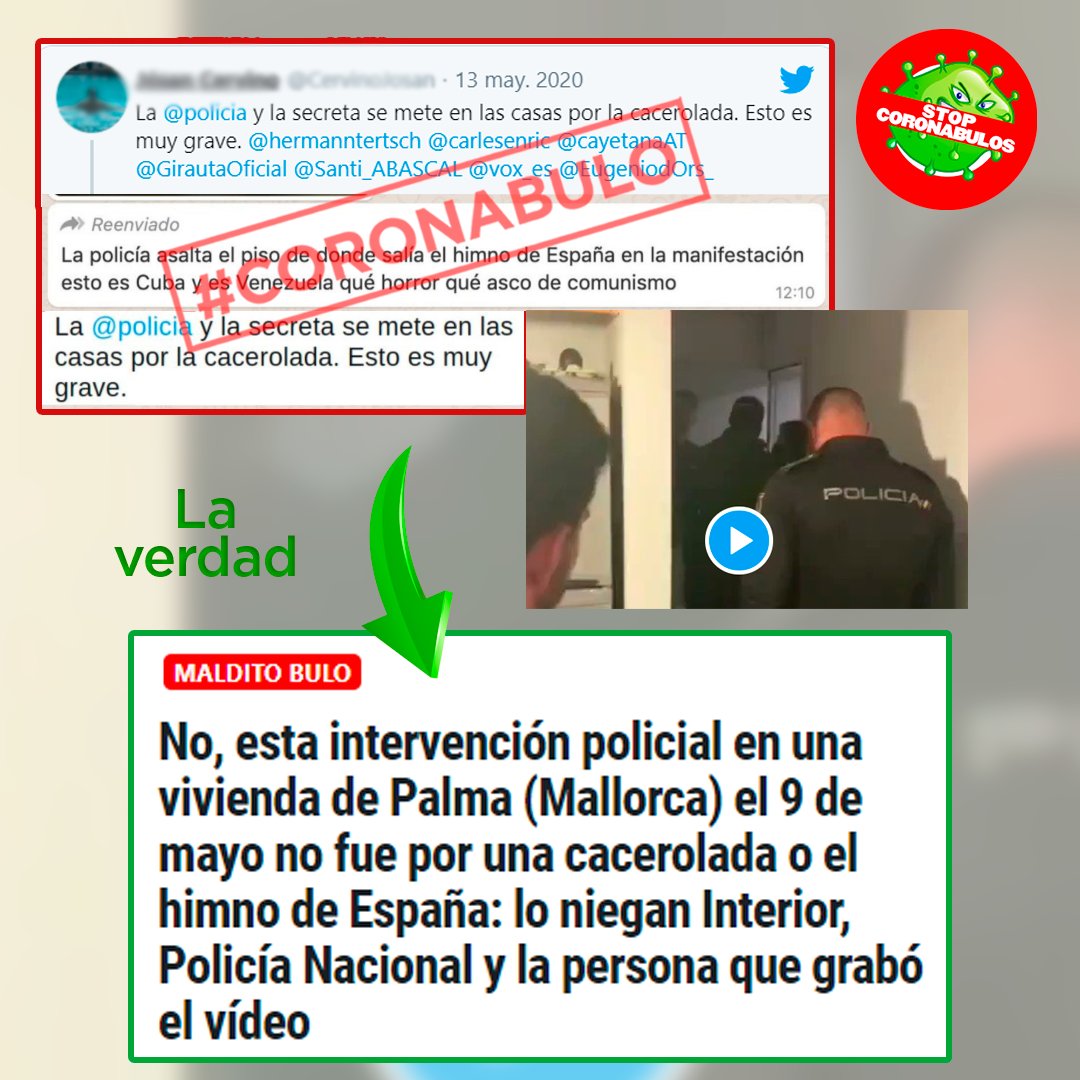 stopcoronabulos's tweet photo. ¡#Coronabulo sobre caceroladas e himnos!

No, la policía no entró en una casa de Palma “por una cacerolada” o por “poner el himno de España”. Lo ha negado la policía, Interior y la propia persona que grabó el vídeo. https://t.co/3OlJXgF0wP