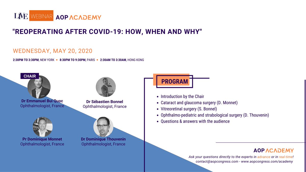 aopcongress's tweet photo. - LIVE WEBINAR IN 2 DAYS -
Our next live webinar will cover the return to practice and to the operating room after the Covid-19 lockdown.
Register now: https://t.co/uY7ZNqV270 https://t.co/l8xeI1pBIH