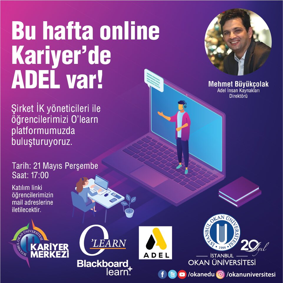 okanedu's tweet photo. Online Kariyer Buluşmaları’nda bu haftaki konuğumuz Adel İnsan Kaynakları Direktörü Mehmet Büyükçolak!
@adelturkiye @OkanKariyer #Adel #AdelTürkiye #Olearn #İstanbulOkanÜniversitesi #İşYaşamınaEnYakınÜniversite https://t.co/Y8iXsZocn8