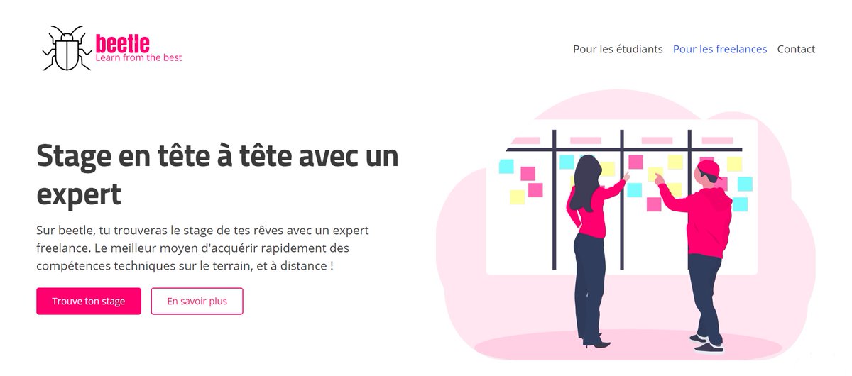 Plein de nouvelles fonctionnalités sur beetle pour les étudiants en #recherchestage: vous pouvez notifier nos experts que vous cherchez un stage pour maximiser vos chances 🤞 par ici pour trouver un #stage avec un freelance à distance : stagesurbeetle.fr