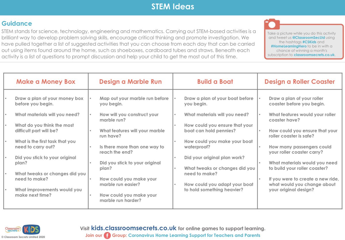 theexperttutor's tweet photo. Absolutely loving the resources I’ve discovered from @ClassroomSecLtd today. Particularly the home learning STEM activities for Year 6 (see picture)! @mathsjem https://t.co/gBQK0XX5Ch