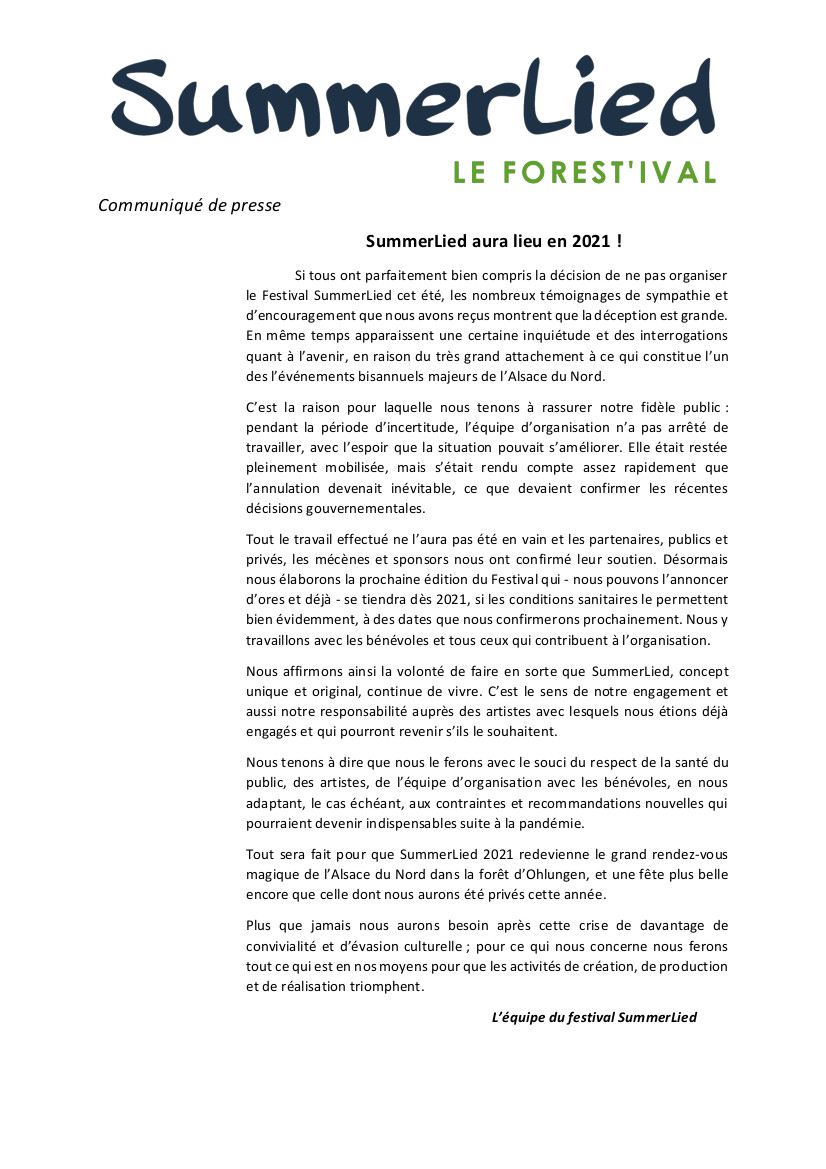 Summerlied aura bien lieu en 2021 ! 
#festival #musique #famille #RDV 

Le communiqué complet ici :