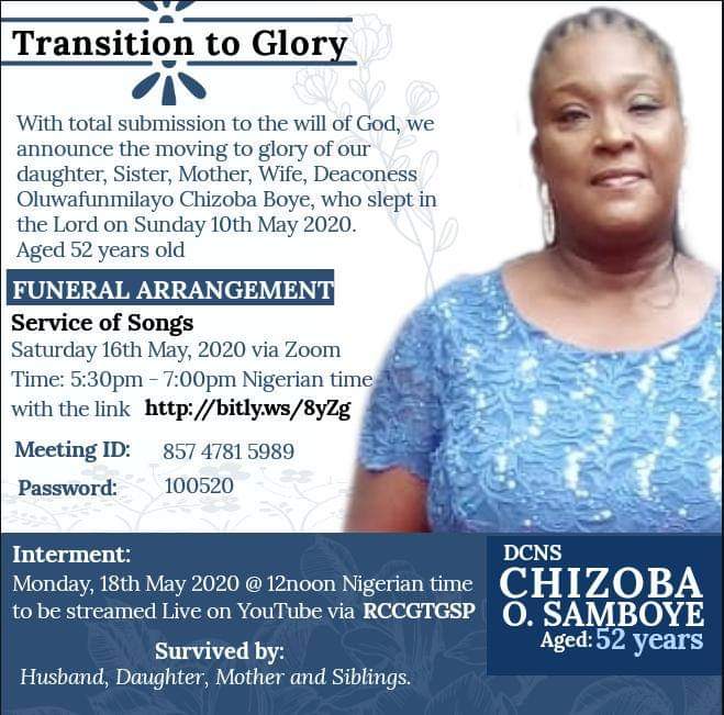 AboutNollywood's tweet photo. Tinsel star Chizoba Bosah Boye turns dust today. The burial will be live on her fb wall or on her husband's (Sam Boye) fb all. Rest well thespian. https://t.co/Lz7R12ImXN