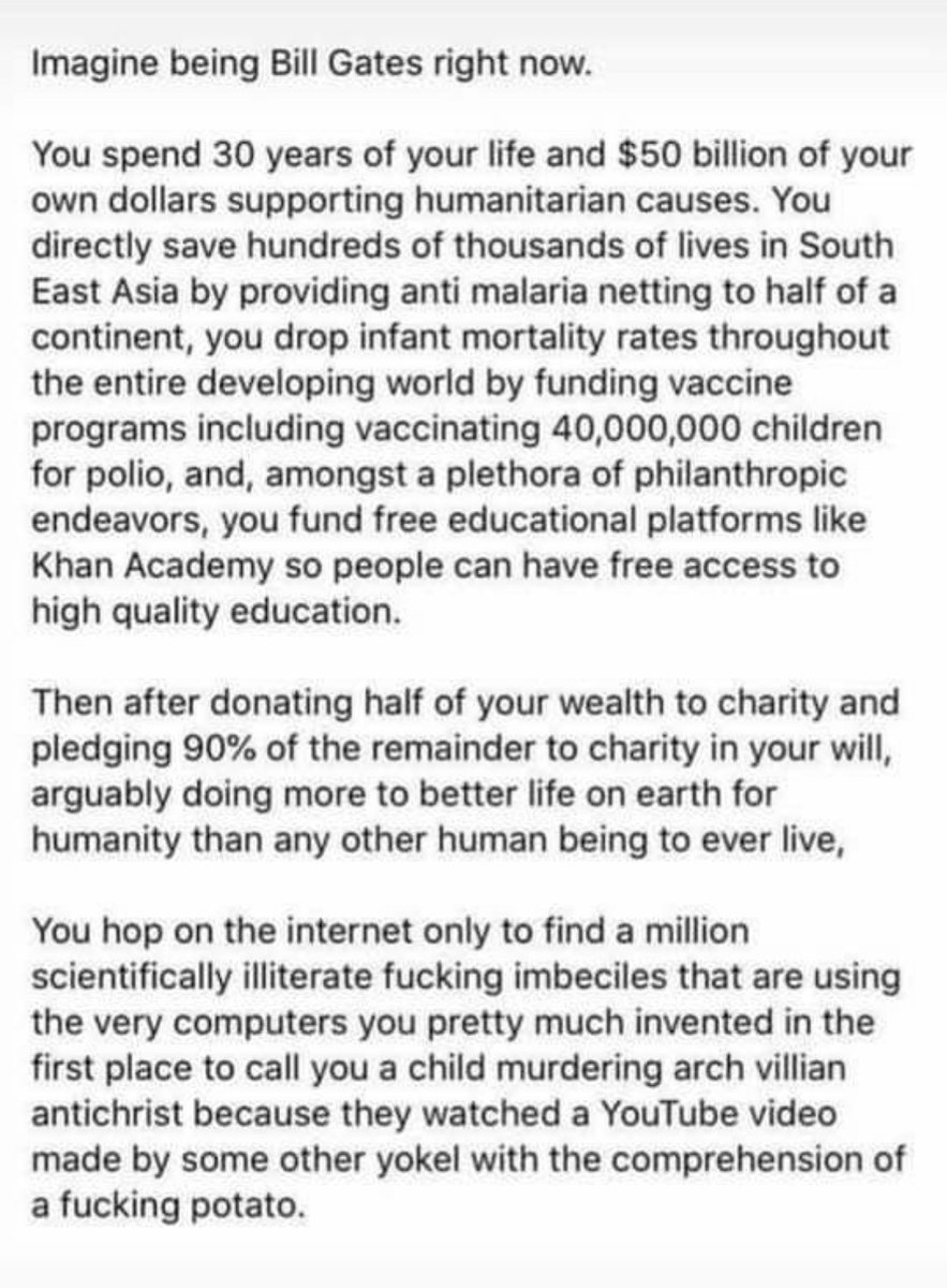 OlgaLeonenko's tweet photo. Imagine being Bill Gates now. #ihateConspiracyTheories #VaccinesWork #CovidConspiracies #vaccinessavelives #BillGatesKindness #BillGates #respectforBillGates #BillGatesisourFriend #antivaxxers #iamtiredofbullshit #humanityatitsworst #ihatecloseminded #COVIDIOTS https://t.co/0p2sEkAAQS