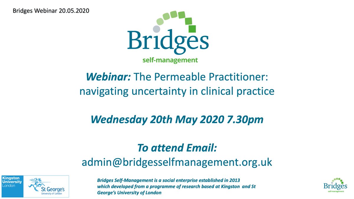 Bridges Self-Management (@bridgesselfmgmt) on Twitter photo Responding to the idea of managing uncertainty and building trust in the workplace <a href="/HardingDebs/">Deborah Harding 💙</a> and <a href="/arnie_puntis/">Arnie Puntis</a> will explore this in our next webinar:
The Permeable Practitioner: Navigating uncertainty in the clinical practice
20/05 @ 7:30pm
admin@bridgesselfmanagement.org.uk Responding to the idea of managing uncertainty and building trust in the workplace <a href="/HardingDebs/">Deborah Harding 💙</a> and <a href="/arnie_puntis/">Arnie Puntis</a> will explore this in our next webinar:
The Permeable Practitioner: Navigating uncertainty in the clinical practice
20/05 @ 7:30pm
admin@bridgesselfmanagement.org.uk