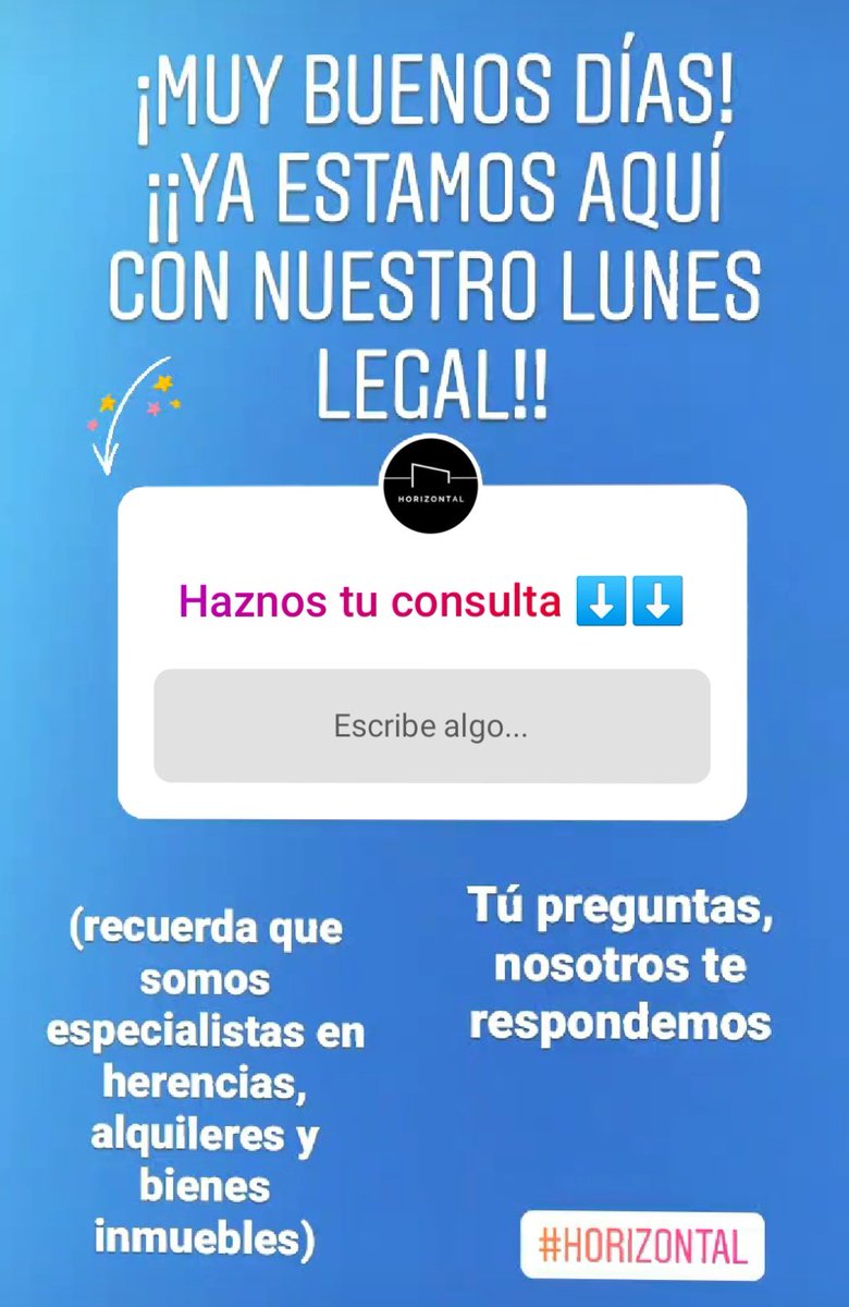 ¡Muy buenos días!
Ya podéis consultarnos vuestras dudas legales en nuestro #LunesLegal de Instagram! 
⬇️⬇️
instagram.com/stories/horizo…

¡Tú preguntas, nosotros te respondemos!

#horizontal #a2 #dudasLegales #abogadosGuadalajara