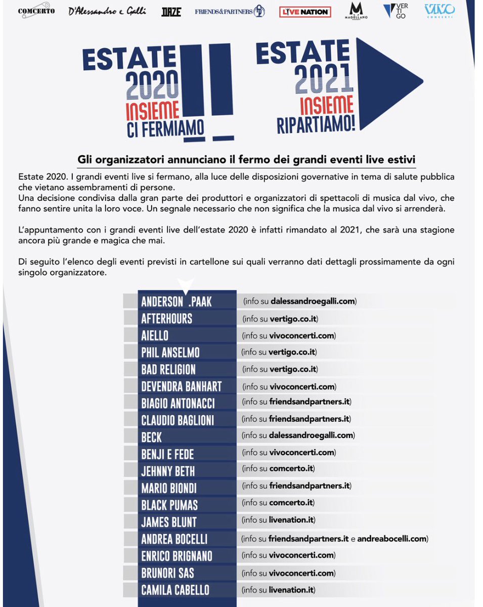 IlContiAndrea's tweet photo. Gli organizzatori annunciano il fermo dei grandi live estivi. Tutto posticipato al 2021 dall’evento #UnaNessunaCentomila a #Ultimo passando per #Vasco 
Cambiarà tutto ecco come ▶️ https://t.co/89hHXgKcBK https://t.co/M8Kts7bPdR