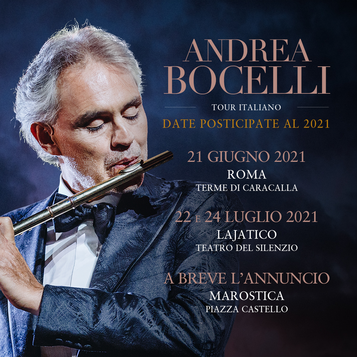 n ottemperanza alle disposizioni governative vigenti (decreto Legge n.33 del 16 maggio 2020), i tre grandi eventi dal vivo di Andrea Bocelli previsti per i prossimi mesi in Italia verranno posticipati. Per i dettagli relativi alle singole date: facebook.com/andreabocelli/…