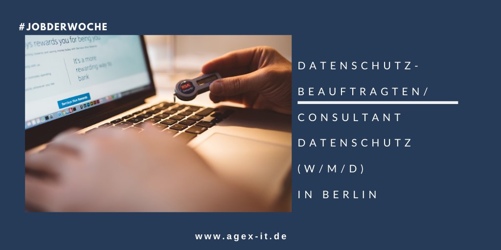agex_IT's tweet photo. #JobderWoche: Für einen Kunden suchen wir #Datenschutzbeauftragter/ #Datenschutzconsultant (w/m/d) in Berlin.
Mehr zum #Jobprofil: https://t.co/e2tfrTZdY2
Wir freuen uns auf Ihre Bewerbung.
#festanstellung #Datenschutzexperte #Datenschutzjobs #Risikoanalyse #DSGVO #BDSG #BSI https://t.co/U7MPukwP7B