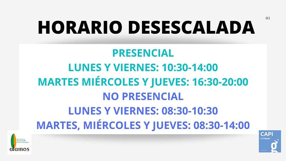 APERTURA | El centro <a href="/CapiTejuela/">CapiTejuela Alcalá</a> y la asociación ALAMOS realizan atención presencial a partir de hoy con un horario de desescalada para atención presencial y no presencial
Imprescindible pedir cita previa.
✅ Cita CAPI ☎️ 953583447
✅ Cita Asociación Álamos ☎️ 620 97 66 25