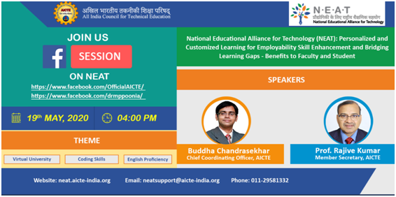 Join the NEAT session by Member Secretary AICTE + LetzConnect Technologies on 19th May, 2020
@ 4:00 PM onwards. 
FB session :lnkd.in/gaufFzi
lnkd.in/gT-jBzF
YouTube Channel of AICTE. 
lnkd.in/gT_PE6S

neat.aicte-india.org/course-details…