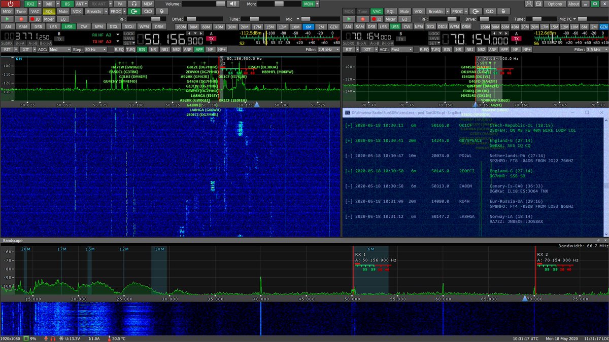 G4KVT's tweet photo. 6m and 4m very active today (6m SSB on RX1, 4m FT8 on RX2/right and a 0 to 80 MHz bandscope at the bottom) #sunsdr #eesdr #hamr #vhfdx https://t.co/JUN2tyOkx4