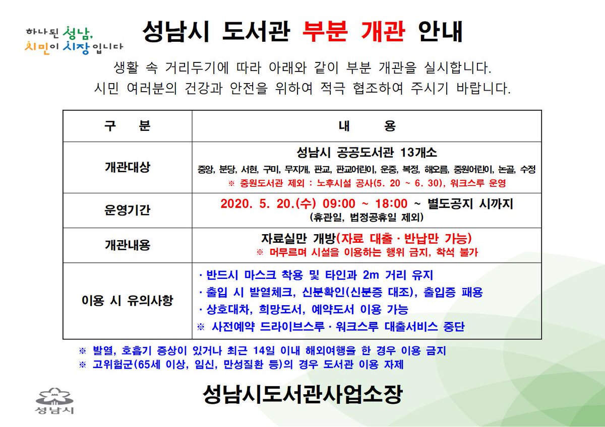 snbdlib's tweet image. #성남시
#분당도서관
#부분재개관안내
#5/20(수)부터~