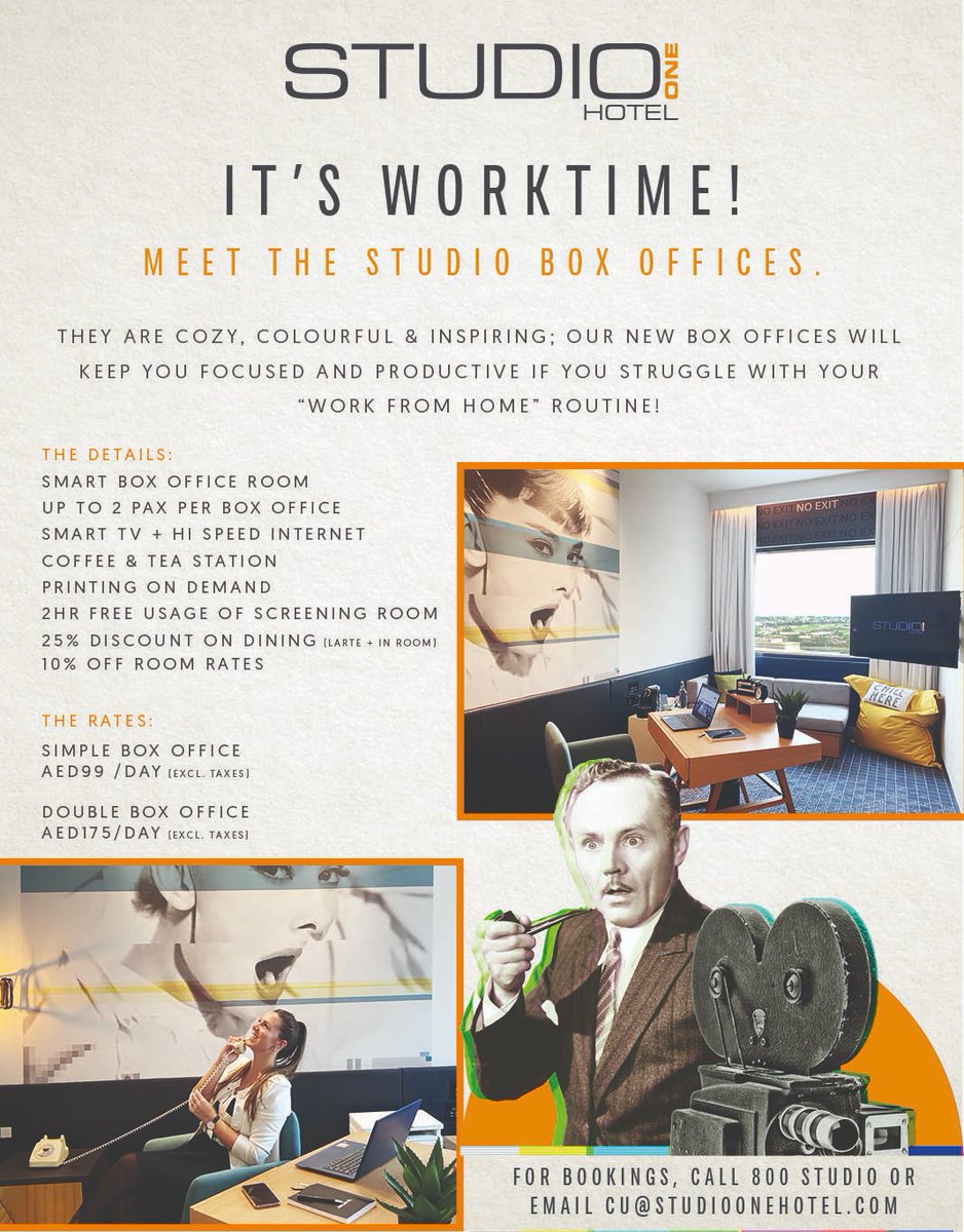 A really interesting play from Studio One Hotel, renting out their smaller hotel rooms as WFH alternatives for people that just want to get out of the house to work. AED 99 (€25) per day. A funky little hotel with some great F&amp;B options.