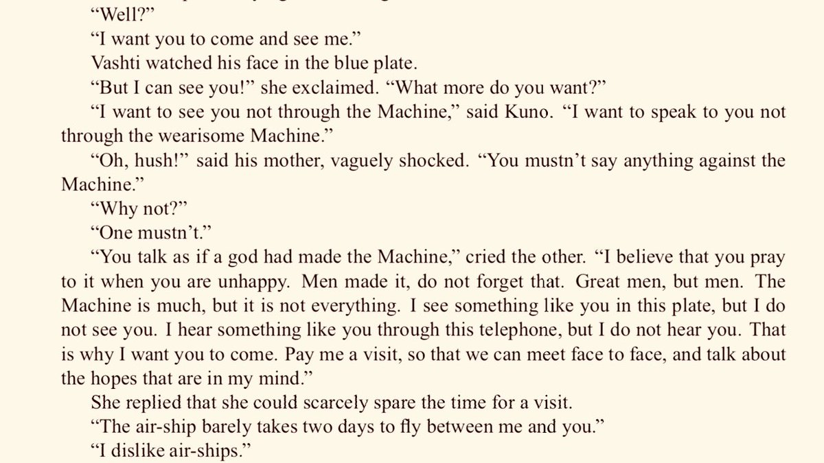 ACernigoi's tweet photo. ‘I want to speak to you not through the wearisome Machine’ #emforster #themachinestops #lockdown2020 #zoomfatigue https://t.co/2HItL6YK1g
