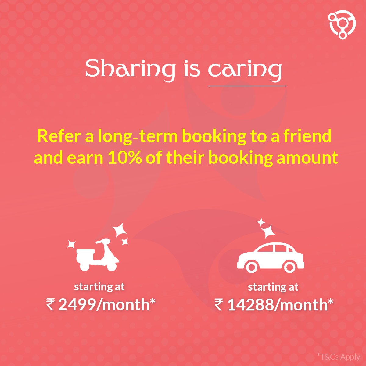 That's right, get FLAT 10% of your friend's booking amount when they sign up using your referral code and make a 7,15 or 30 days booking. Visit 'Invite and Earn' page on our app/website to start referring! #covid19india #bikerentals #carrentals #referrals #lockdownindia