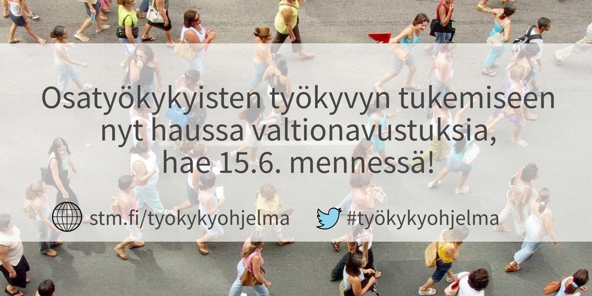 Työkykyohjelmalla tuetaan osatyökykyisten työttömien ja pitkäaikaistyöttömien työhön pääsyä ja työssä pysymistä.

Hae valtionavustuksia 15.6. mennessä: stm.fi/tyokykyohjelma

#työkyky #osatyökykyisyys #työkykyohjelma <a href="/STM_Uutiset/">Sosiaali- ja terveysministeriö</a> <a href="/TEM_uutiset/">TEM</a>