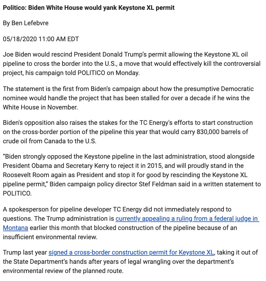 @politico's @bjlefebvre reports @JoeBiden's campaign will rescind @TCEnergy's Keystone XL pipeline permit. For over a decade we have fought the KXL pipeline from being forced into our communities. No matter who is in power we will hold them accountable to stand with us. #noKXL