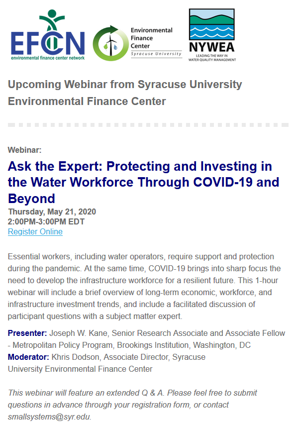 Tune in this Thursday (5/21) for a @SyracuseEFC @NYwaterEnviro discussion on the essential #water workforce. Excited to chat more about the #COVID19 challenges and opportunities in NY and beyond bit.ly/3dZytsK @WEForg @Better_Ops