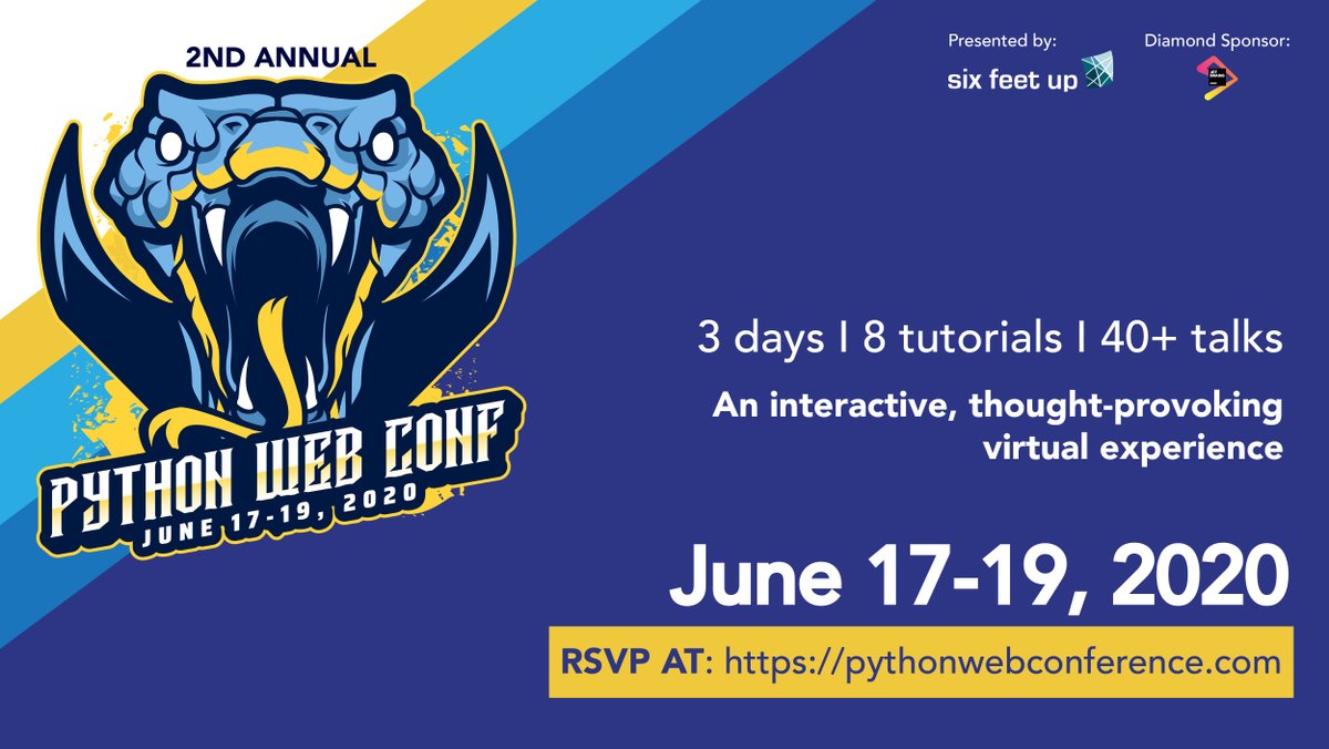 sixfeetup's tweet image. The #PythonWebConference is a 3 day, interactive, fully-virtual conference coming to a screen near you June 17th-19th: pythonwebconference.com