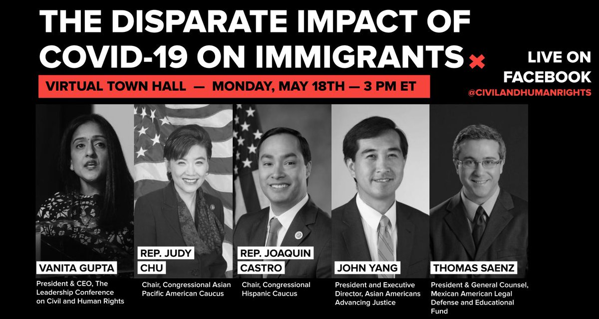 Graphic says: "The disparate impact of COVID-19 on immigrants, virtual town hall - Monday, May 18, 3 p.m. ET, live on Facebook." The graphic also shows images of the five speakers on the town hall, who are named in the original tweet.