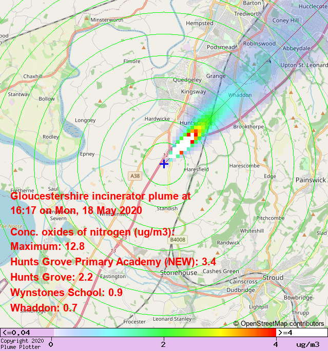 plumeplotter's tweet photo. Latest Gloucestershire incinerator plume plot, 16:17 18/05/20 #HuntsGrove #Whaddon #Saintbridge https://t.co/pLGPvMCtFF https://t.co/64jk6zlFLc