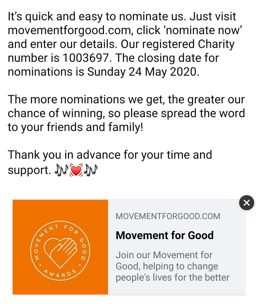 WE NEED YOUR HELP! 
Please click on movementforgood.com by SUN 24 MAY and nominate Arrow Vale Singers (charity no. 1003697) for an award of £1,000, which will help us to continue bringing choral music and its mental and physical health benefits to our local community 🙏🏼💓 #RT
