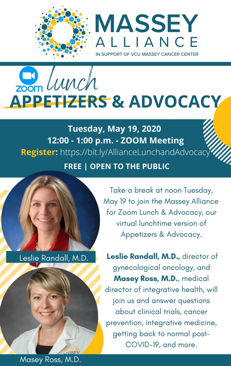 Take a break tomorrow at noon with the <a href="/MasseyAlliance/">Massey Alliance</a> for Zoom Lunch &amp; Advocacy! Drs. Leslie Randall and Masey Ross will discuss clinical trials, #cancerprevention and more. Register to receive the #Zoom link: bddy.me/2LB0ydW