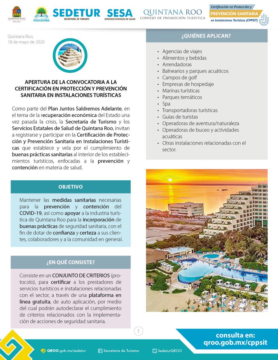 CarlosJoaquin's tweet photo. En #QuintanaRoo somos conscientes de la preparación que debemos tener para regresar a la actividad turística, por ello iniciamos el registro para la “Certificación en Protección y Prevención Sanitaria en Instalaciones Turísticas”: https://t.co/XMohkgmarl  #JuntosSaldremosAdelante https://t.co/4oBVcWuwWT