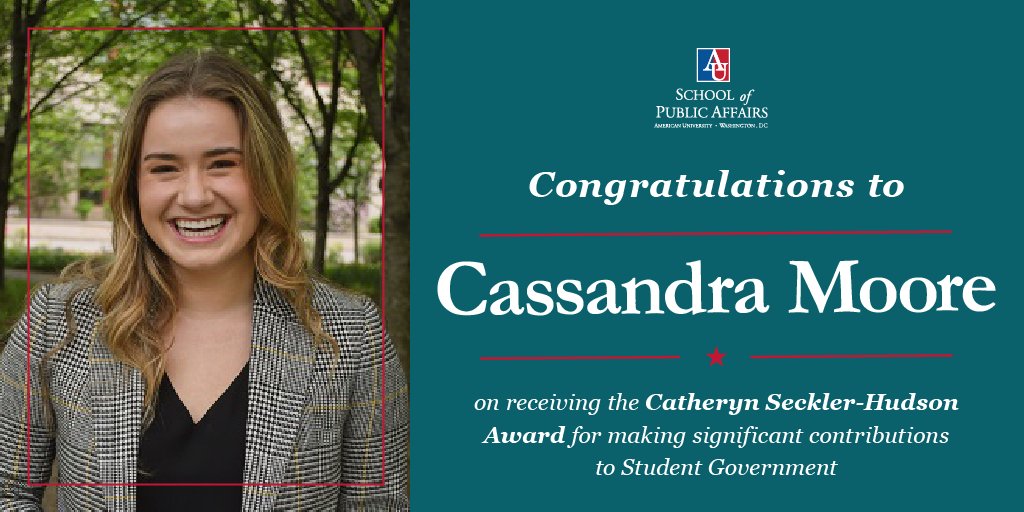 AU_SPA's tweet photo. #SPASpotlight: Congrats to #2020SPAGrad Cassandra Moore on receiving the Catheryn Seckler-Hudson Award in recognition of her contributions to @AUSG, the Greek system, the Title IX system, & for serving as the Director of the Center for Advocacy & Student Equity. https://t.co/gncRXEmaAf