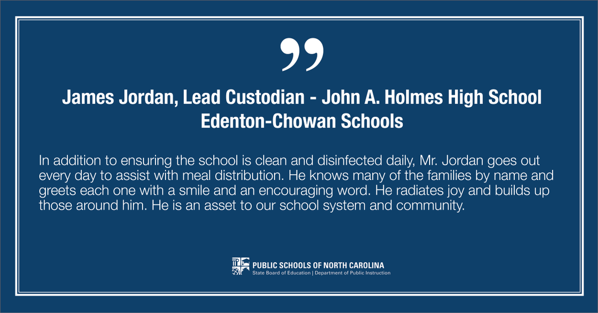 ncpublicschools's tweet photo. Today's #OurNCHeroes shoutouts honor James Jordan, lead custodian for John A. Holmes High School (@Edenton_Chowan) and Shannon Boyd, Youth-in-Transition Liaison/Family Resource Center Coordinator for @BuncombeSchools  We're so grateful for all you do. Thank you! https://t.co/Y6WkUprZza