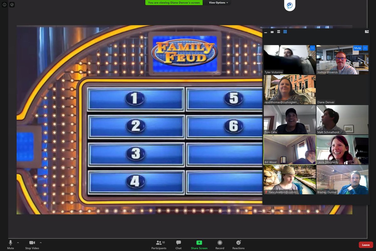 JoshShiverick's tweet photo. The #StayAtHome made easier by @Cushing_Terrell's, Matt Schmalhorst creating a fun way for our offices to stay in touch, using a little @Family_Fued competition over @zoom_us #BoisevsDenver #Boise4thewin #Cultureambassadors @IAmSteveHarvey https://t.co/FKjFWVOb1K