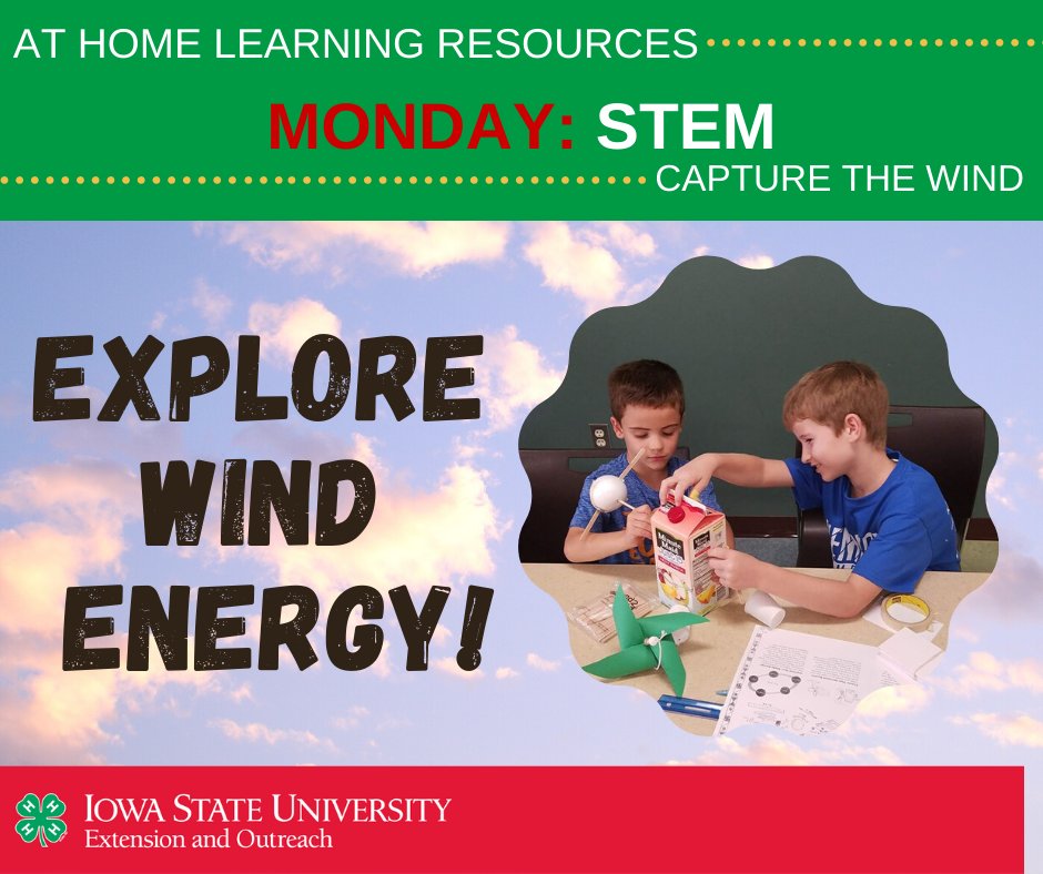 Dubuque4h's tweet image. Have you ever wondered how wind turbines work?

In today's lesson explore wind energy and build your own wind generator!  

For today's lesson and more activities on energy go to: extension.iastate.edu/4h/4h-at-home-…

#inspirekidstodo #4hAtHome #CapturetheWind
