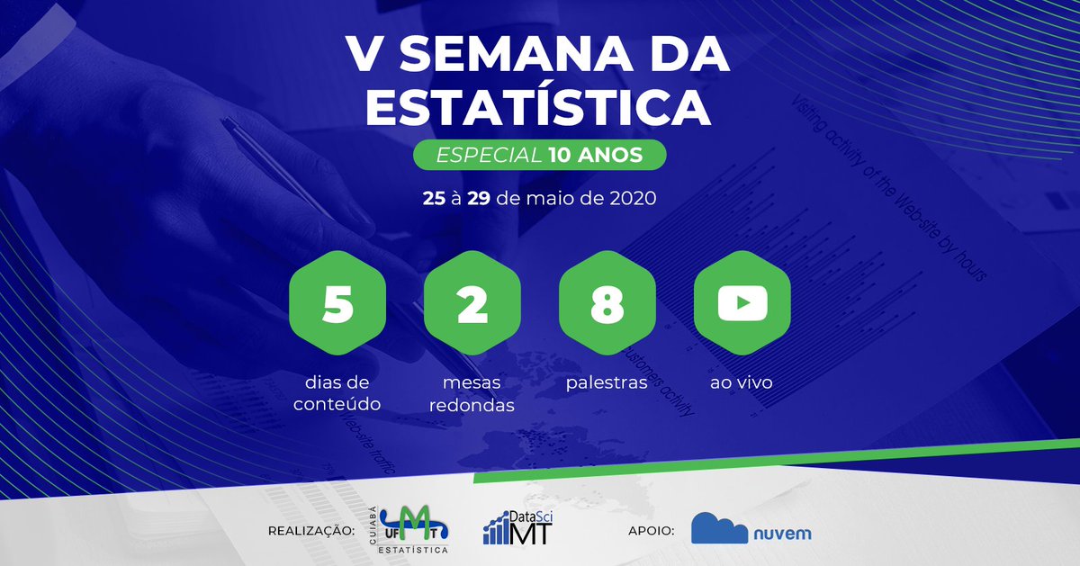 a_neisse's tweet photo. Dia 25 tem a V Semana de Estatística, comemorando os 10 anos do curso 🎊🎉! 

Online ;D

🗓️  Dia? 25/05 até 29/09
🕖 Horário? 19h as 21h (de Cuiabá)
 📍  Transmissão: https://t.co/mJW1Skoq5G
🎟️ Inscrições? https://t.co/OYTK97vxZ1
#RStats #DataScience 
@rodrigoqaz @lucasmbianchi_ https://t.co/sP8D8uKQS7