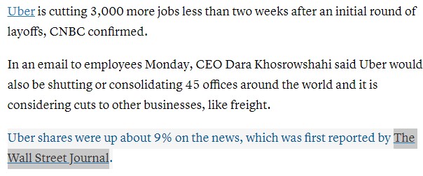 Uber is laying off 3k ppl after laying off almost 4k ppl a few weeks ago

They're also closing/consolidating 45 offices

The stock is up 8% today and 18% on the year

I understand why ppl are angry at the stock market (even tho that's not where the anger should be directed)