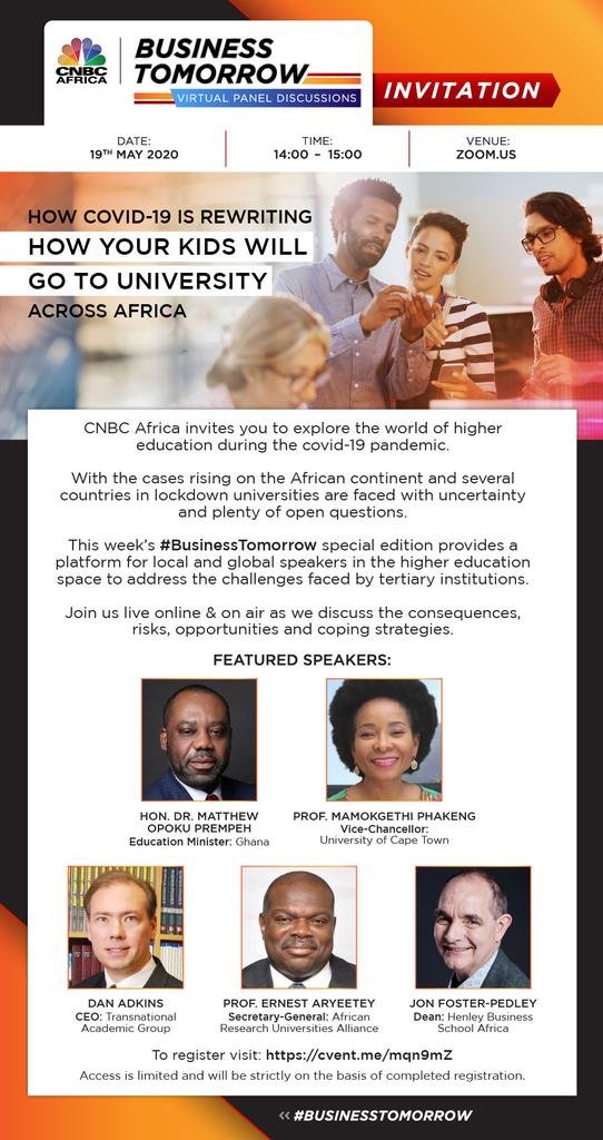 #COVID19: #CNBCAfrica invites you to join tomorrow’s Virtual Panel Discussion at 2pm CAT, #DStv410 to address the challenges faced by tertiary institutions in Africa amid #COVID19 and #Lockdowns. Register here bit.ly/2yT4nby #BusinessTomorrow