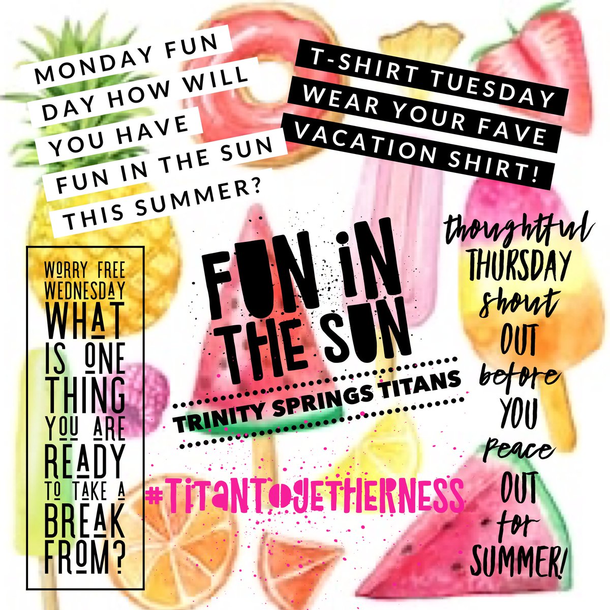 Let's finish out the year strong with one last #spiritweek!! Share your pics and tag as #TitanTogetherness
<a href="/StacyDonalson/">Stacy Donalson</a> @jbarrettTSMS @MaganLocey <a href="/Erwin_Trish29/">Trisha Erwin</a>