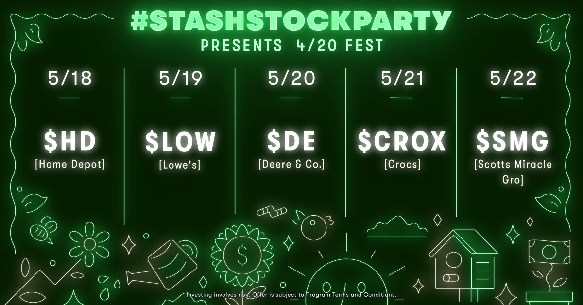 Stash's tweet photo. #StashStockParty presents May Fest.
🧼🧹🗑🦸🏾‍👩‍👧‍👦💐🐛🌻🥕👟🎽🚲
---------------------------------------
• 4:00 PM ET M-F (https://t.co/96ocgRtnHN)
• Bring +1s to boost the $$$
• Follow @Stash to stay in the know
---------------------------------------
⬇️⬇️Week 3: Gardening⬇️⬇️ https://t.co/jH2mwlyhDK