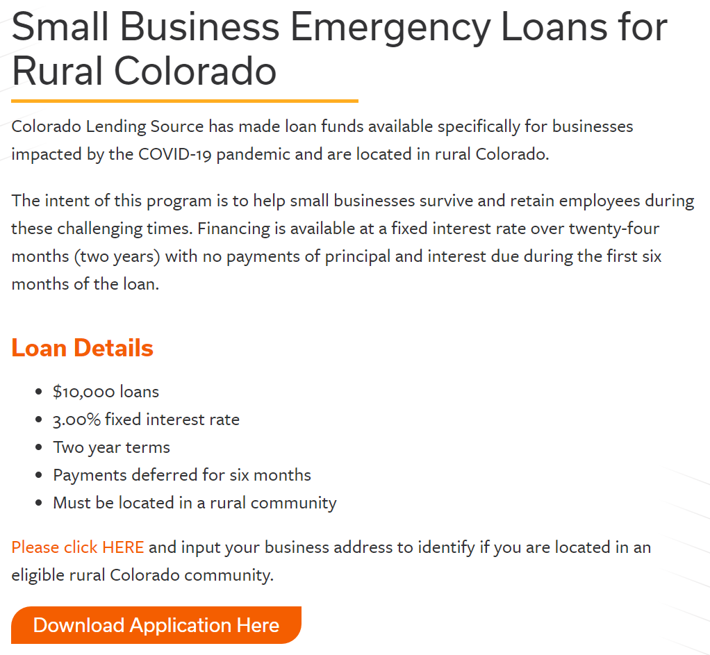 𝗦𝗺𝗮𝗹𝗹 𝗕𝘂𝘀𝗶𝗻𝗲𝘀𝘀 𝗘𝗺𝗲𝗿𝗴𝗲𝗻𝗰𝘆 𝗟𝗼𝗮𝗻𝘀

Resource: #loans
Target: #SmallBusiness
Issuer: @coloradolending
Where: #Colorado
Link: bit.ly/2ySxjjH

More opportunities: bernoullifinance.com/the-phoenix

#ThePhoenix #ReliefPrograms #mondaythoughts #COVID19