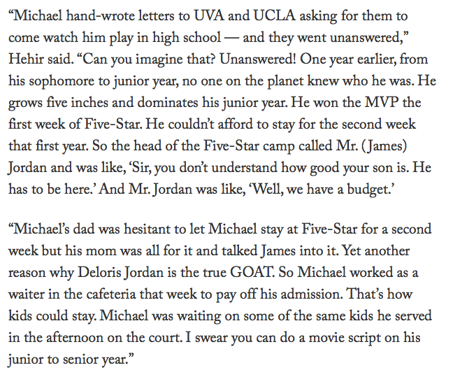 Jay_D1's tweet photo. Fam, MJ worked as a WAITER to pay for his admission to stay a second week in the Five Star camp. UVA and UCLA got letters from him and didn't even respond... damn #TheLastDance https://t.co/W2qWjLwzts