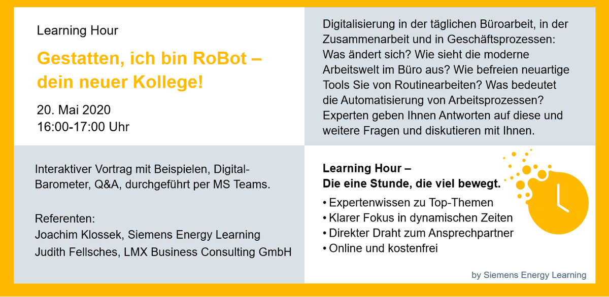sebastianzippl1's tweet photo. Gestatten, ich bin RoBot โ dein neuer Kollege! Neuer Beitrag in der #LearningHour von #energylearning 60min รผber digitalen Wandel der Bรผrowelt, die Auswirkungen fรผr Sie persรถnlich, auf Ihre Arbeitsweise und auf Ihr Umfeld. Teilnahme-Link intern in Yammer @Siemens_Energy Viel Spaร https://t.co/d3jLSiEzdm